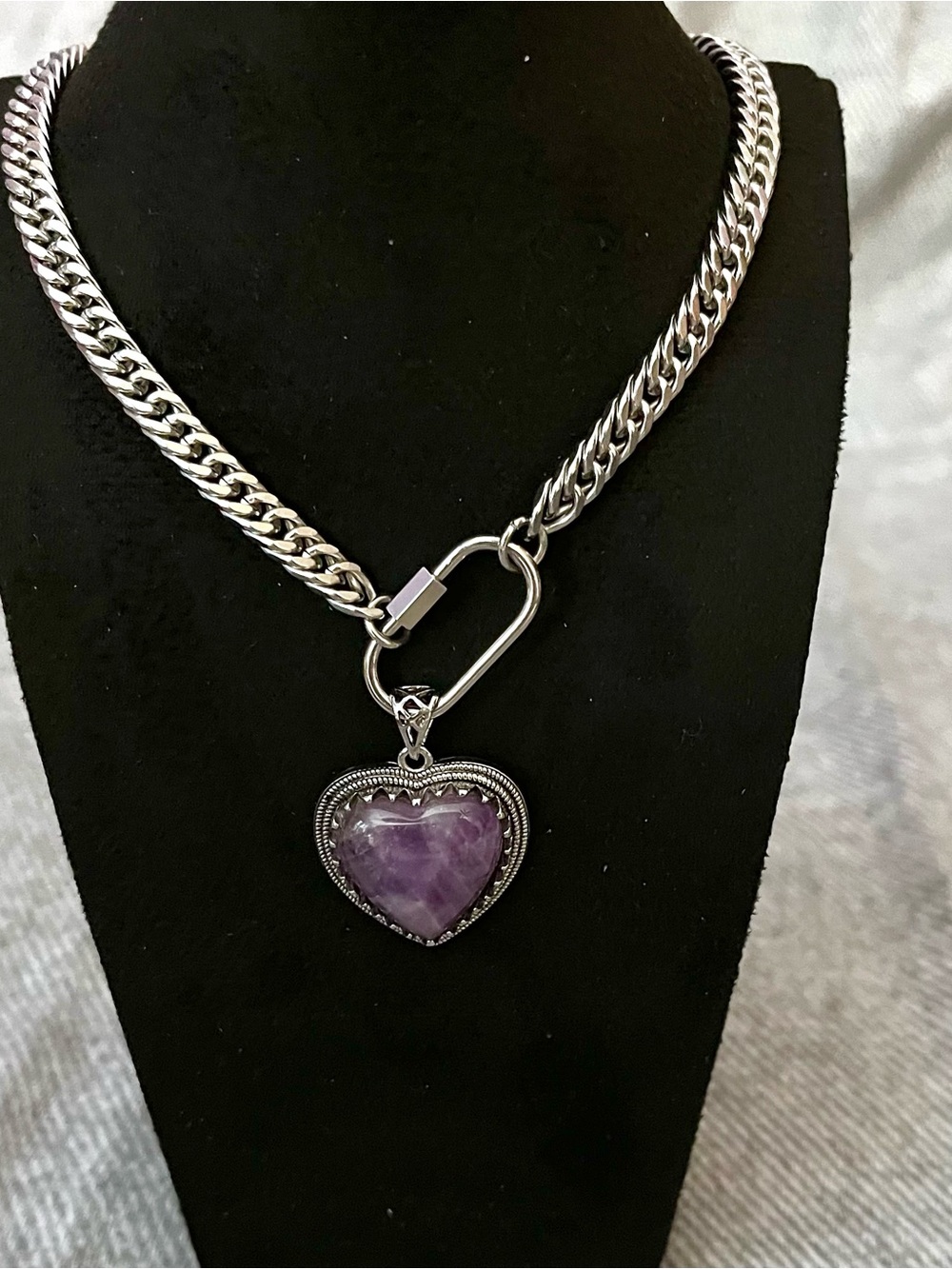 Amethyst Heart Pendant Carabiner Cuban Chain Necklace Stainless Steel 18"